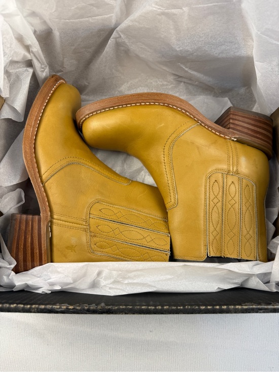 Frye Shoes - Frye Mustard Leather Western Chelsea Booties with Stacked Heel